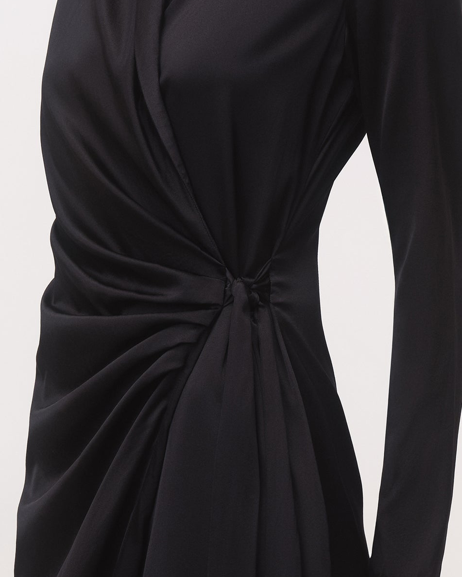 The Elsa Silk Wrap Midi Dress in Black