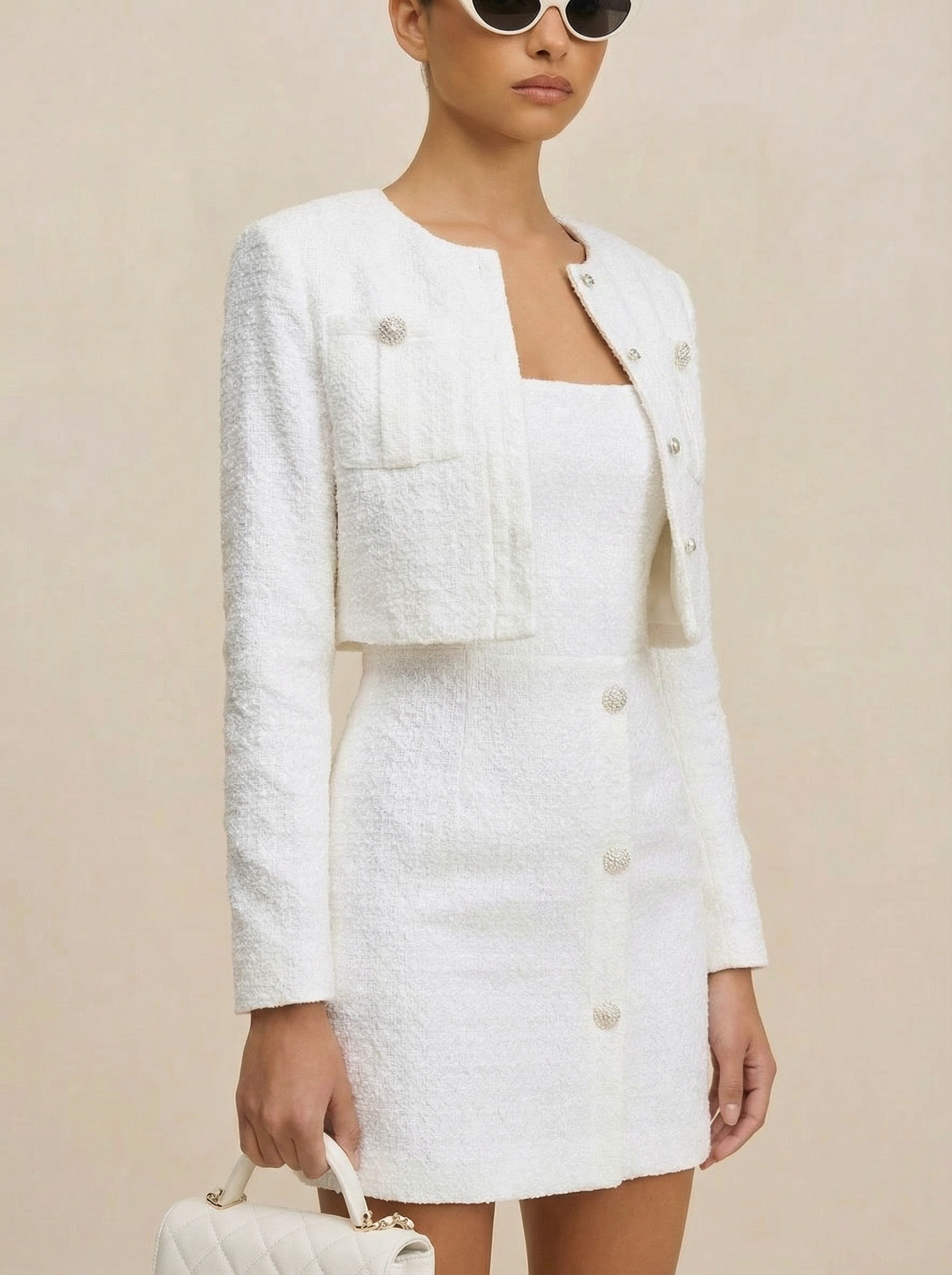 Graceful Tweed Cropped Jacket - White