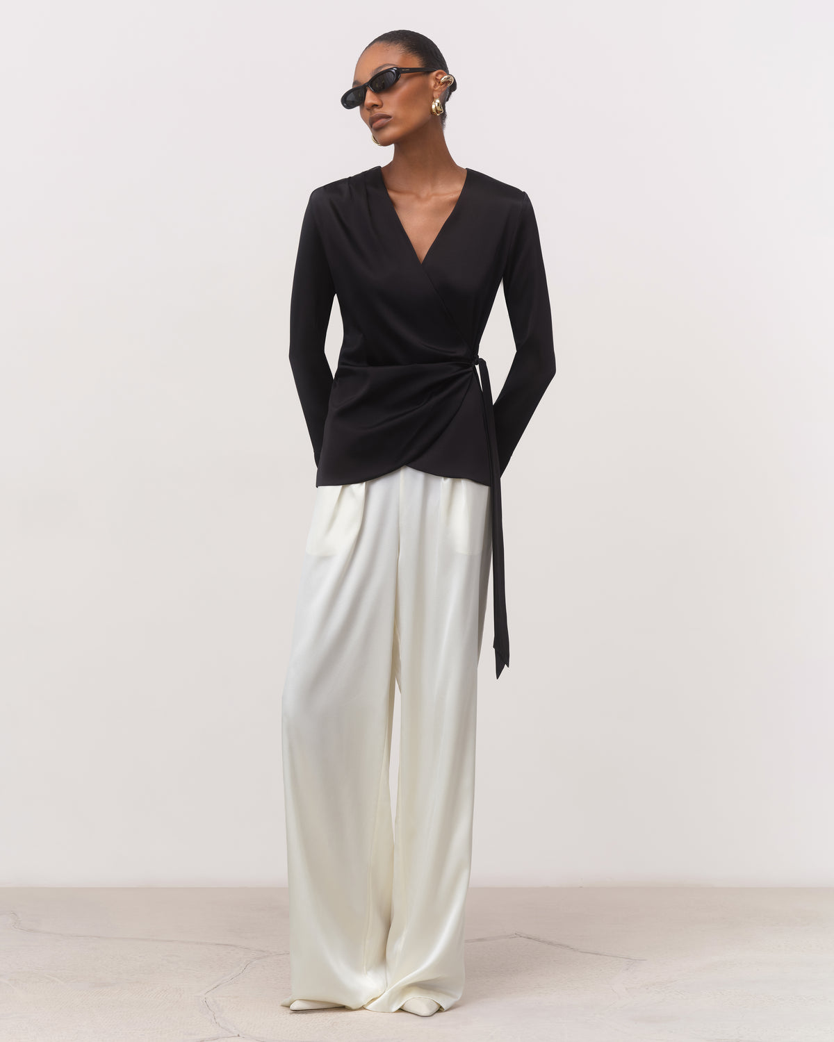 The Camille Draped Silk Wrap Blouse in Black