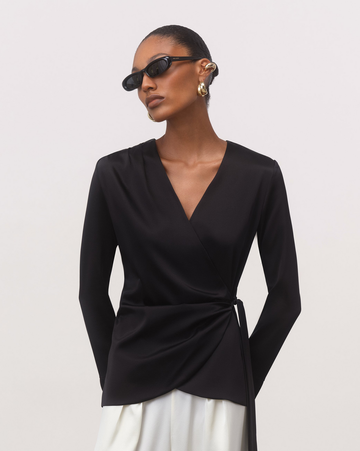 The Camille Draped Silk Wrap Blouse in Black