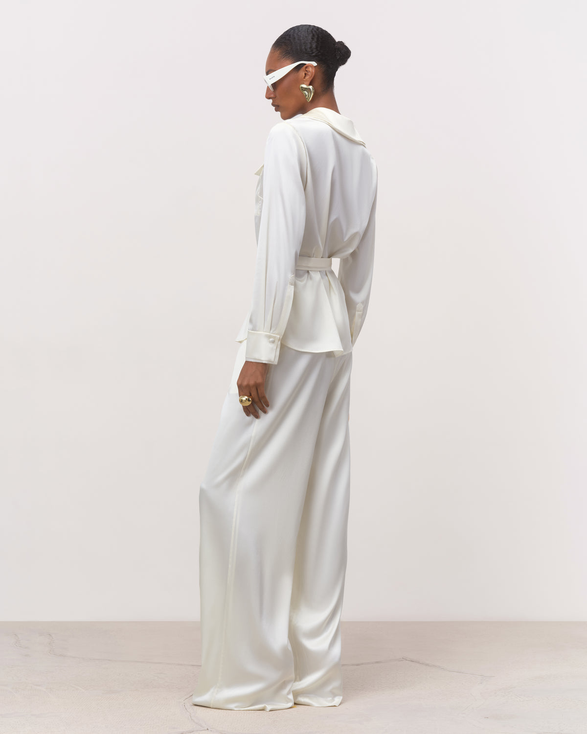 The Diana Belted Tailored Silk Shirt in Ivory