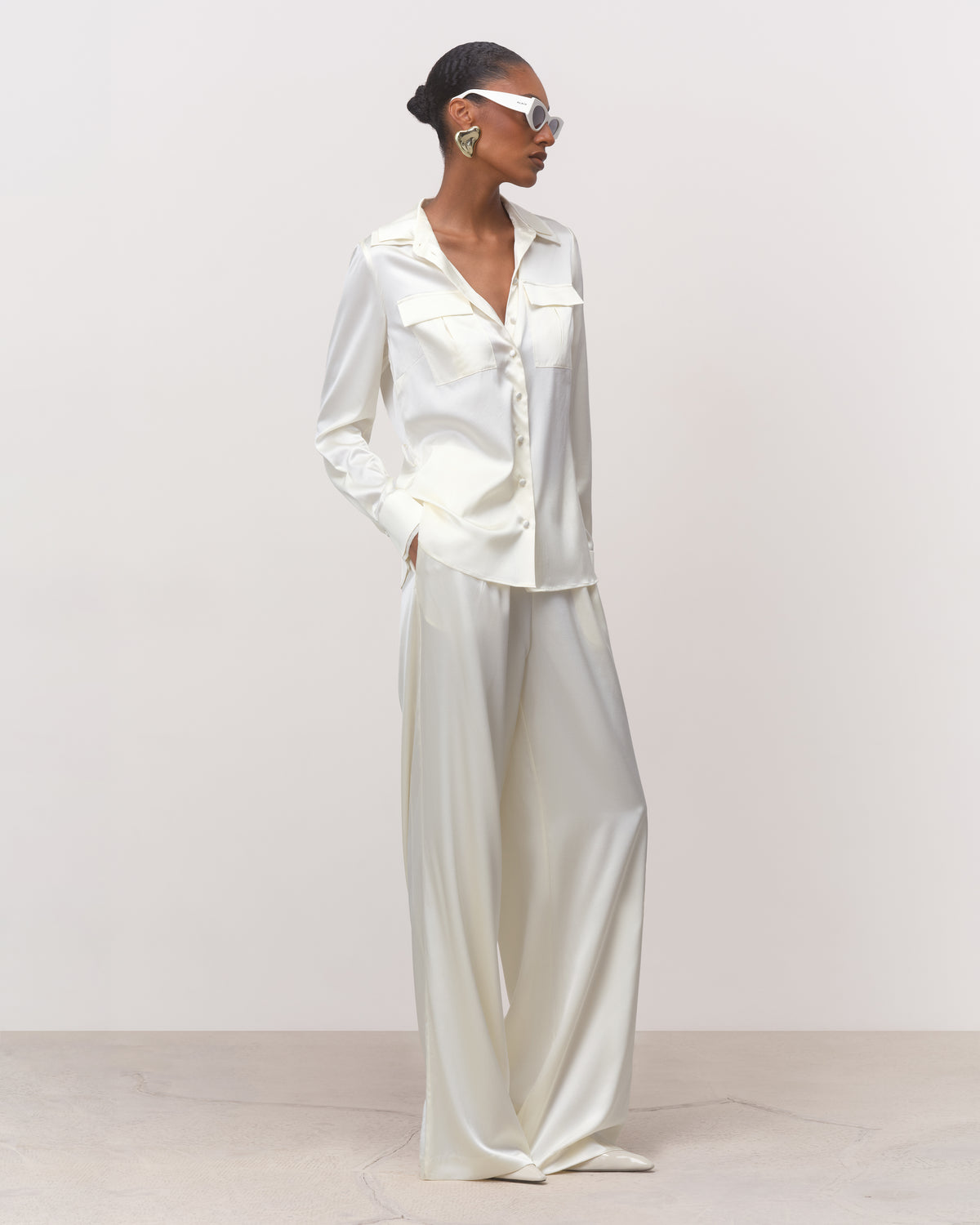 The Marlene Wide-Leg Silk Trousers in Ivory
