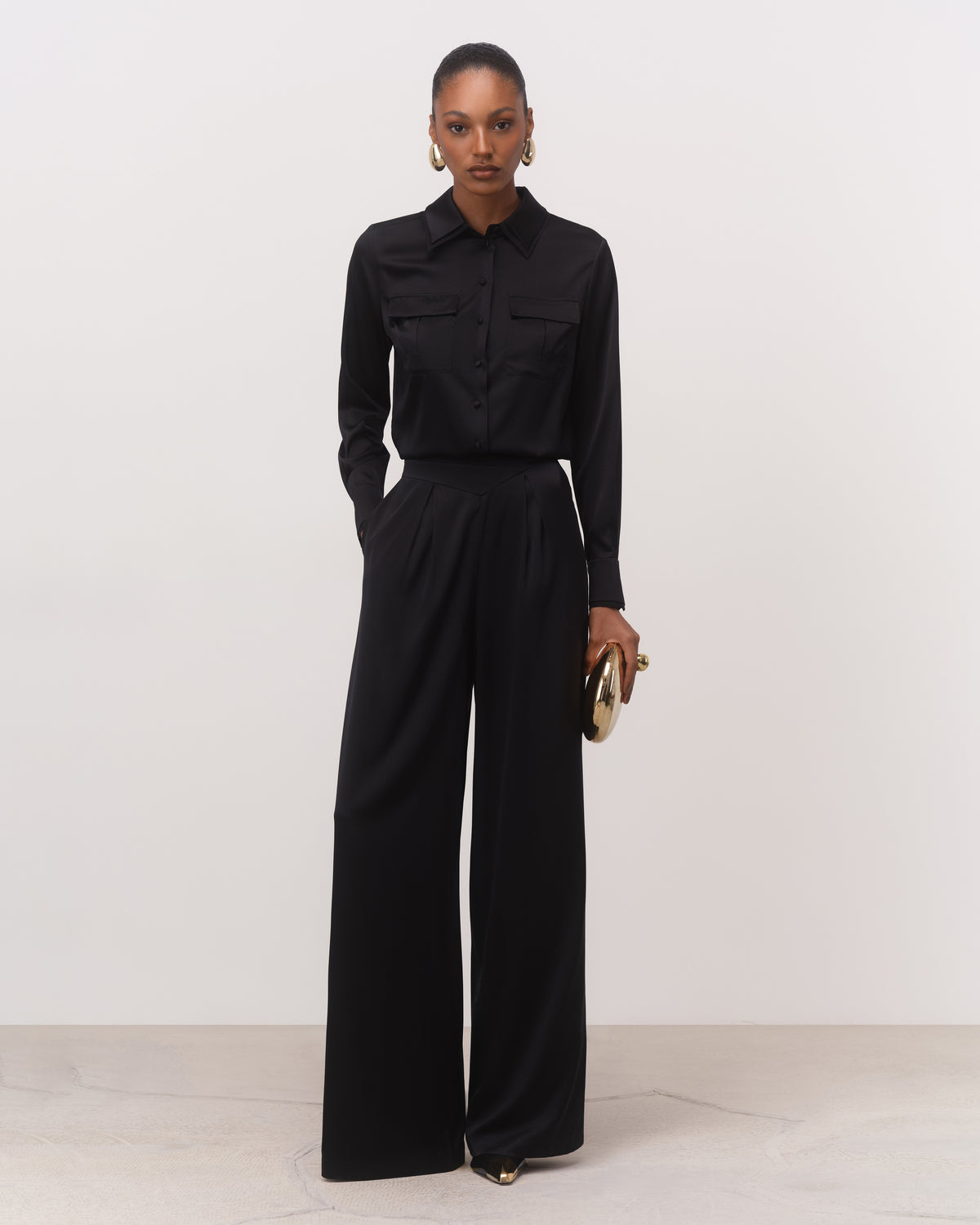 The Marlene Wide-Leg Silk Trousers in Black