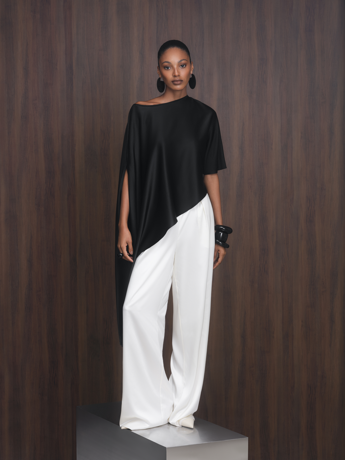 The Zaha Asymmetric Silk Top in Black
