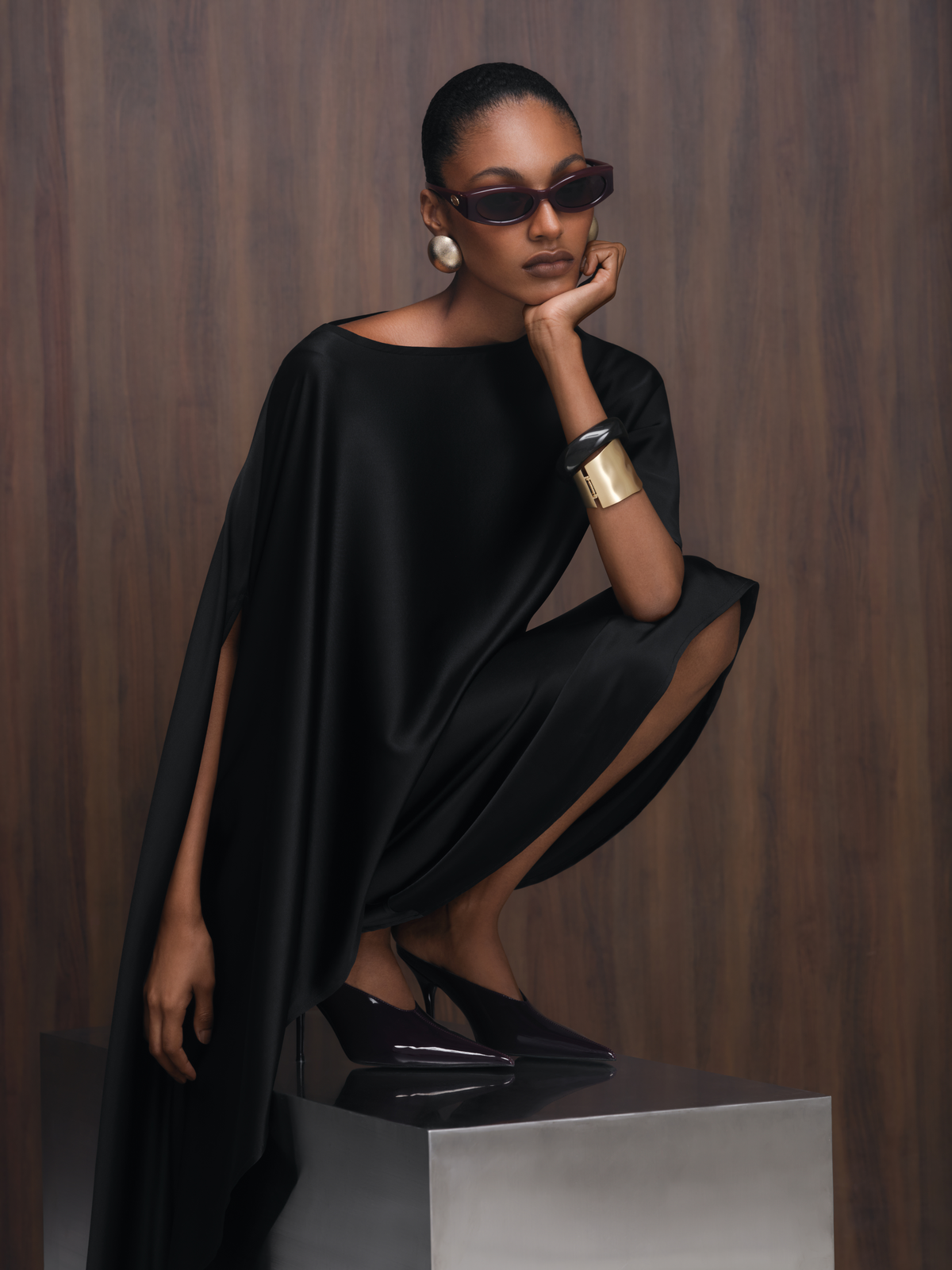 The Frida Bias-Cut Silk Midi Skirt in Black