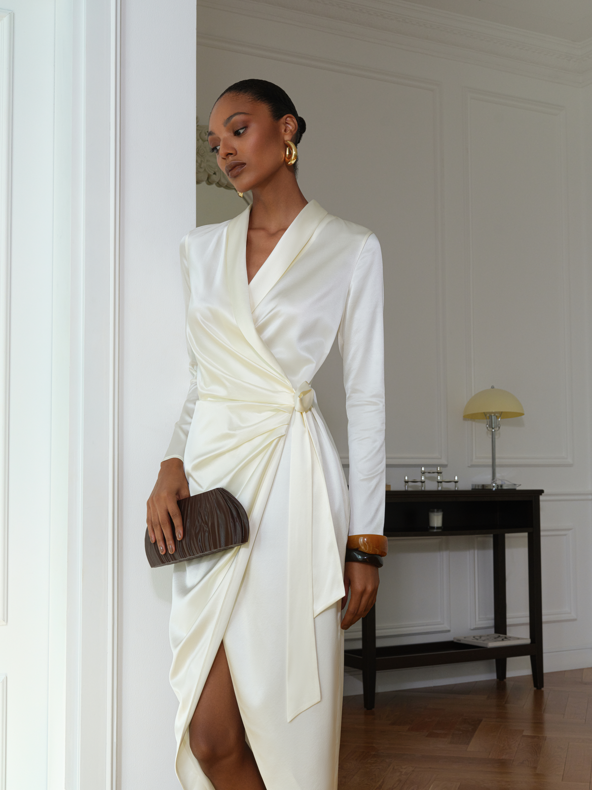 The Elsa Silk Wrap Midi Dress in Ivory