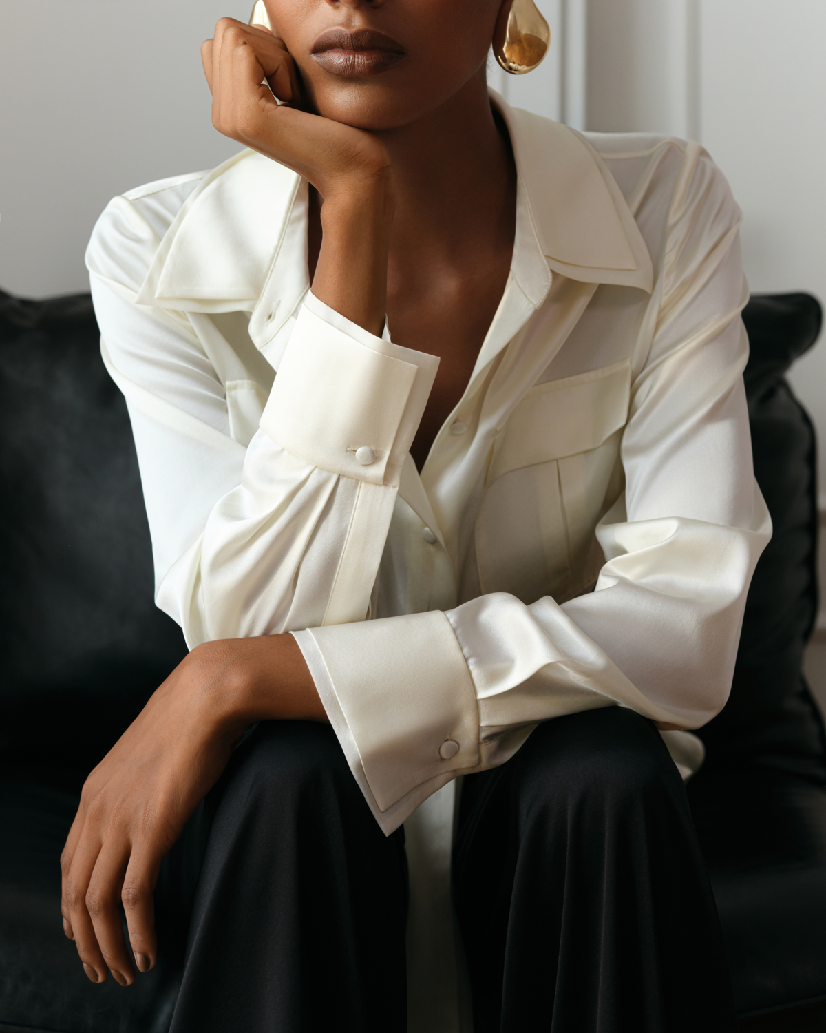 The Diana Belted Tailored Silk Shirt in Ivory