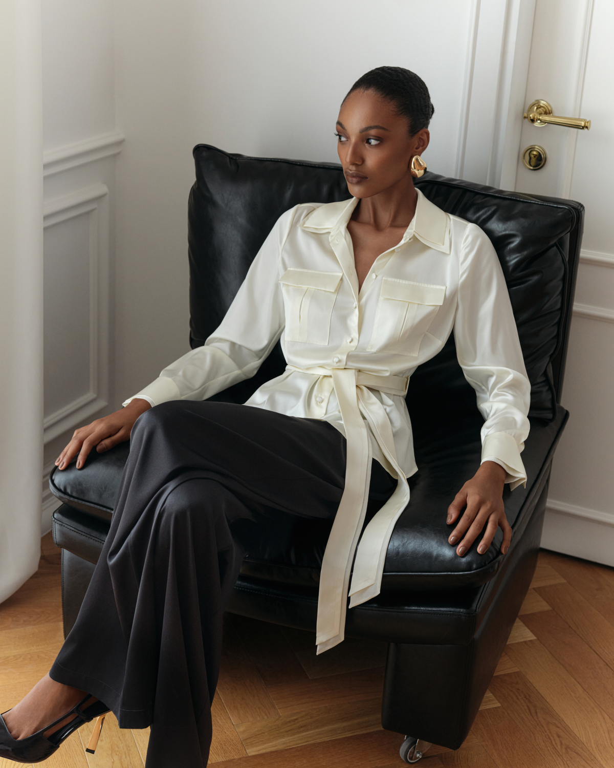 The Diana Belted Tailored Silk Shirt in Ivory