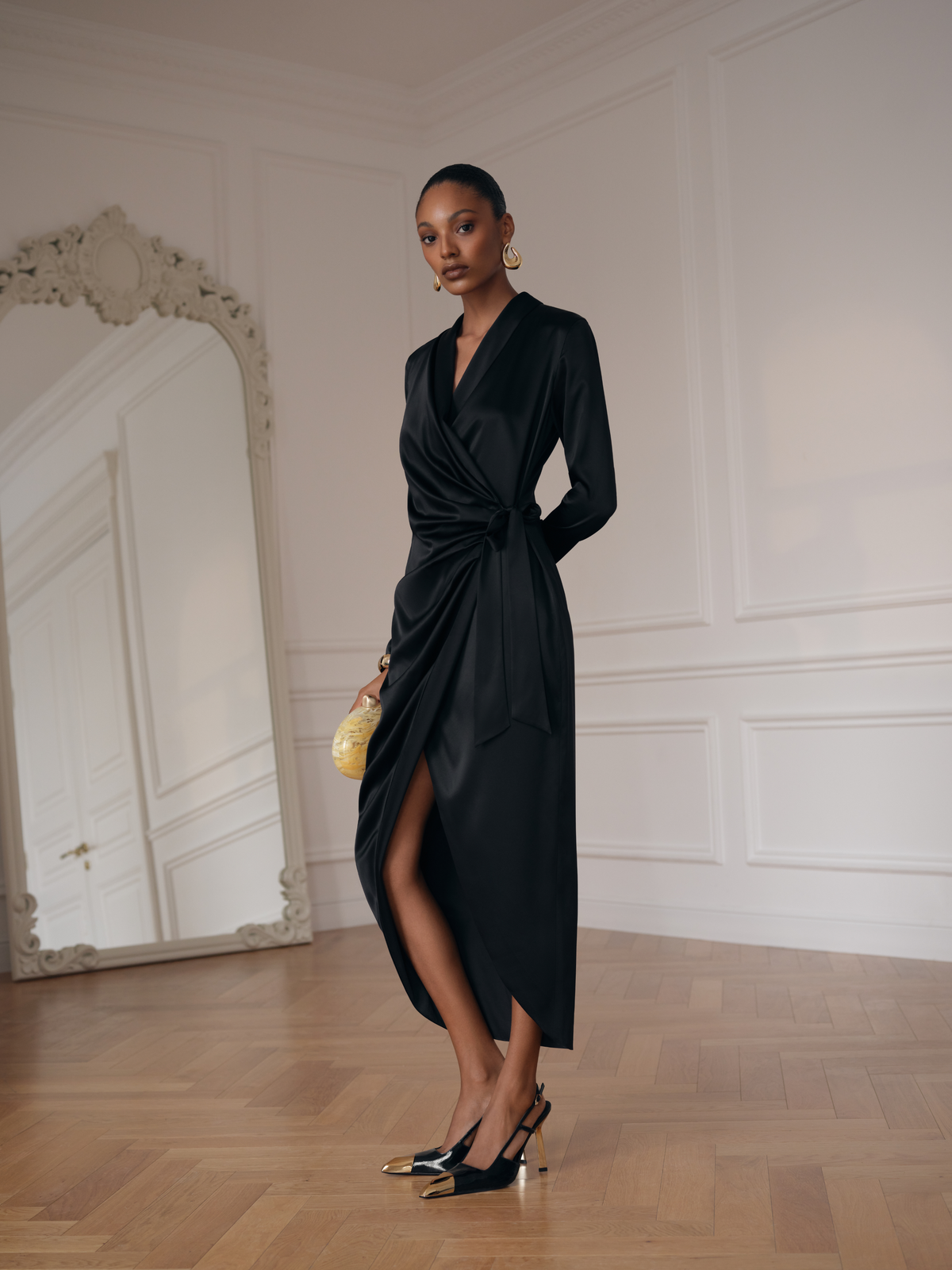 The Elsa Silk Wrap Midi Dress in Black