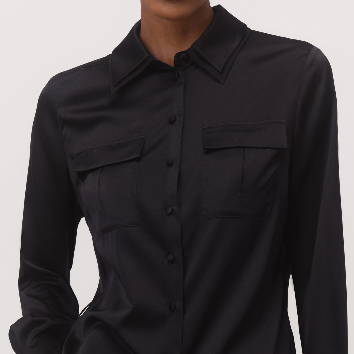 Women's black mulberry silk shirt  full-length front view