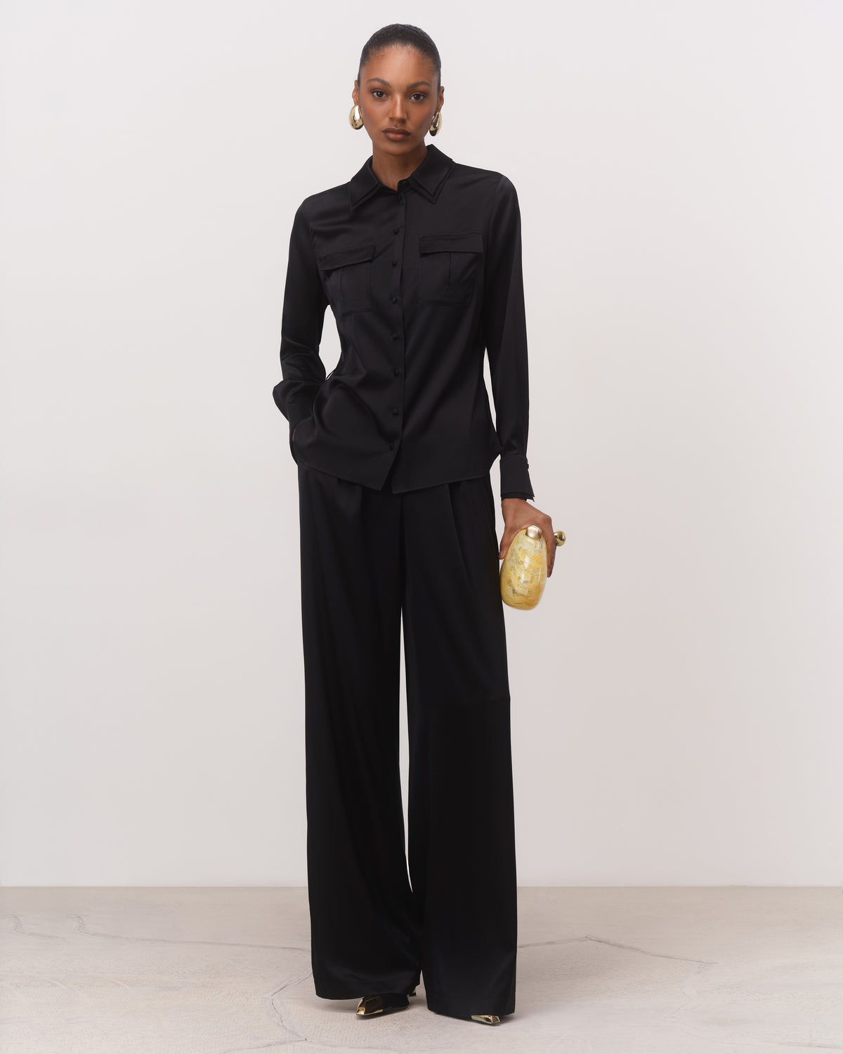 Women's black mulberry silk shirt and wide-leg trousers, full-length front view