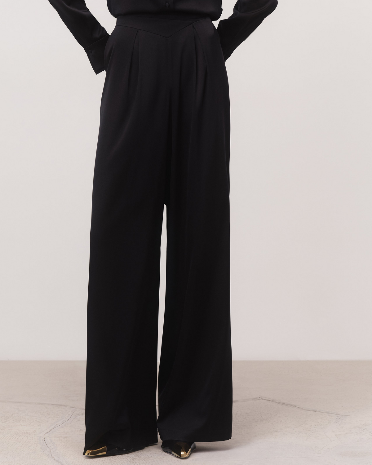 The Marlene Wide-Leg Silk Trousers in Black