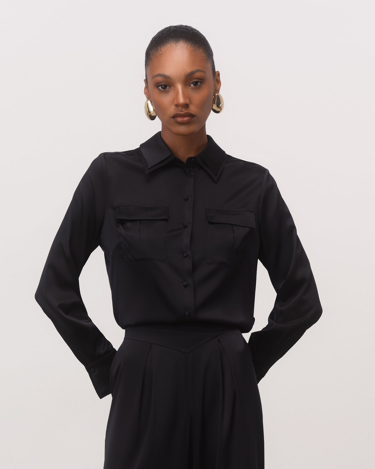 The Diana Belted Tailored Silk Shirt in Black