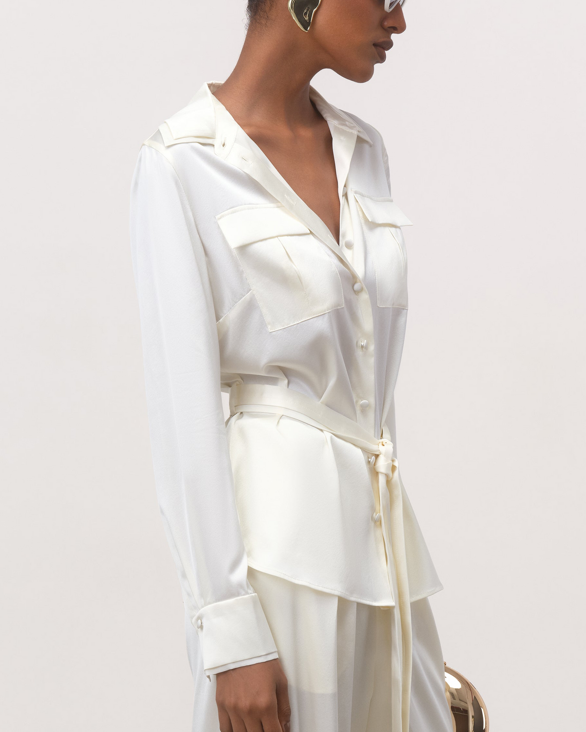 The Diana Belted Tailored Silk Shirt in Ivory