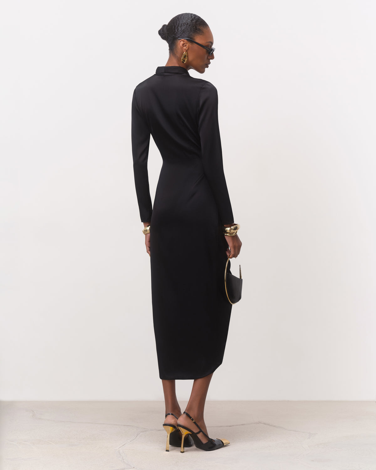 Back view of black mulberry silk midi dress with long sleeves