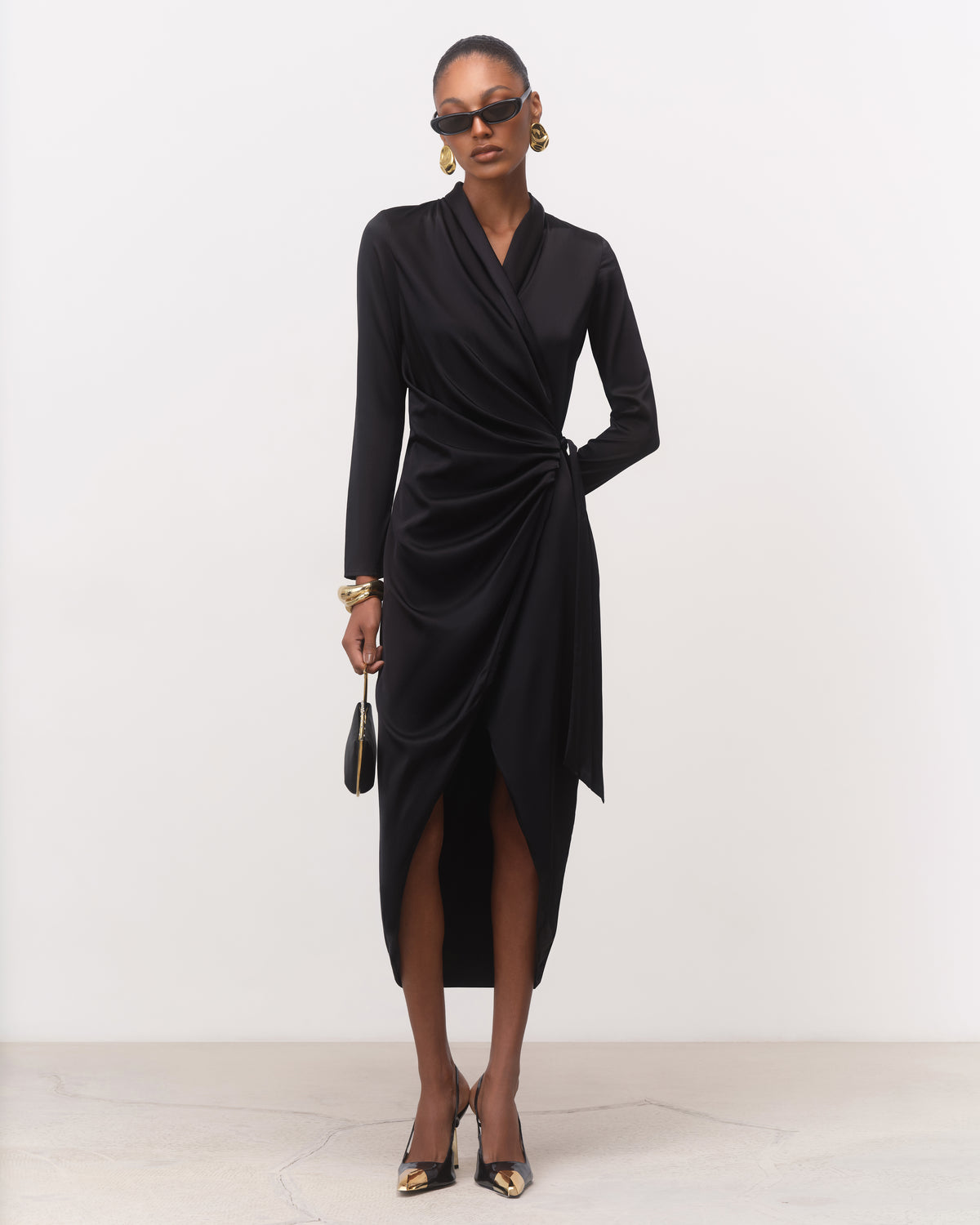 Anitas Muse black silk wrap midi dress for women with long sleeves and front slit, front view