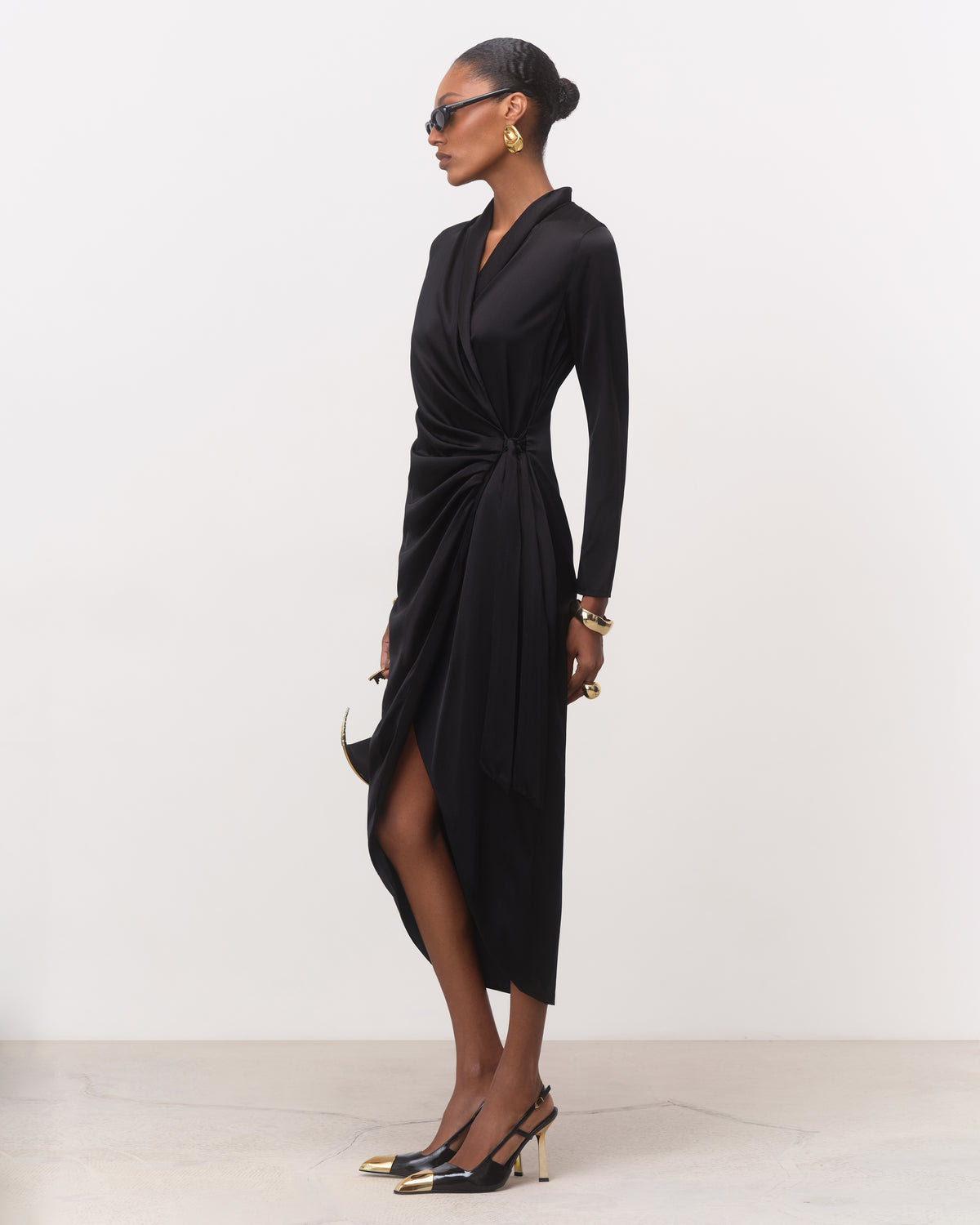 Women's black silk midi dress with asymmetrical front-slit hem