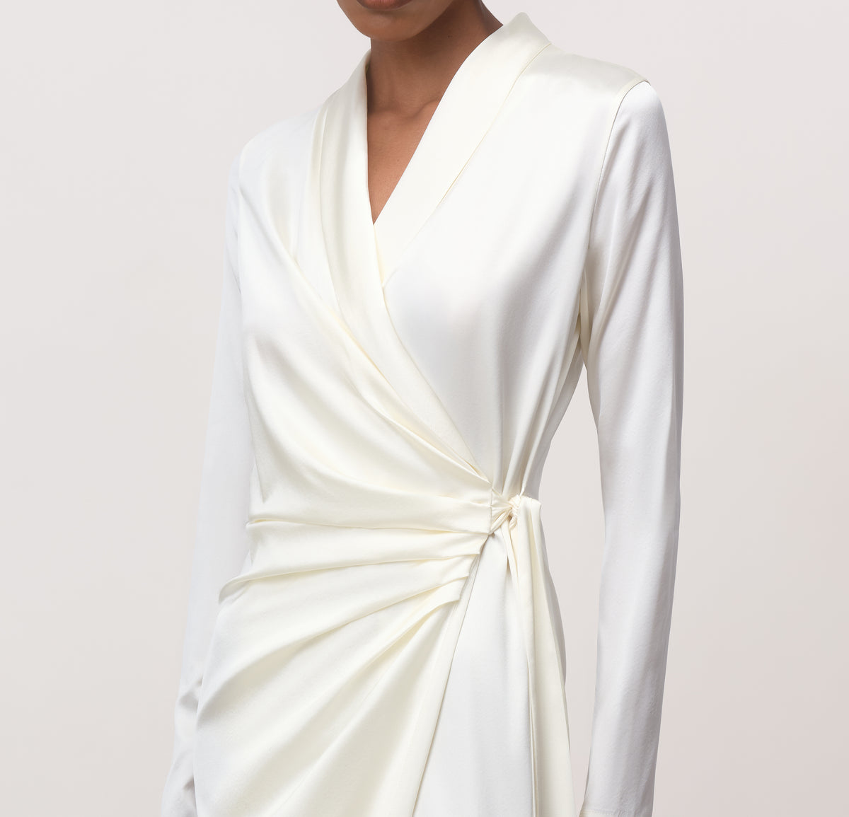 Close-up of white mulberry silk wrap midi dress with surplice crossover neckline and waist tie