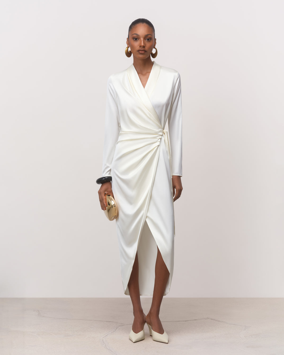 Anitas Muse Dubai pearl white silk wrap midi dress for women with long sleeves and front slit, front view