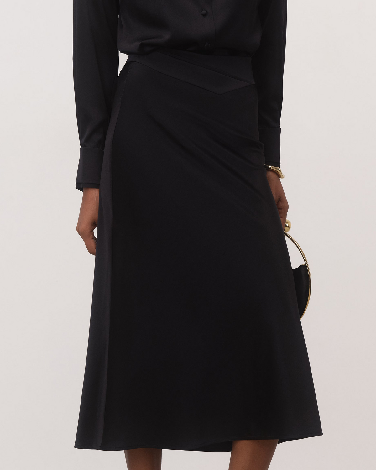 The Frida Bias-Cut Silk Midi Skirt in Black