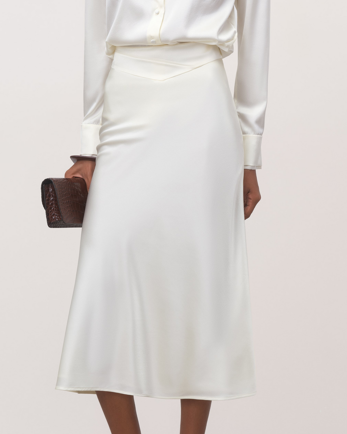 The Frida Bias-Cut Silk Midi Skirt in Ivory