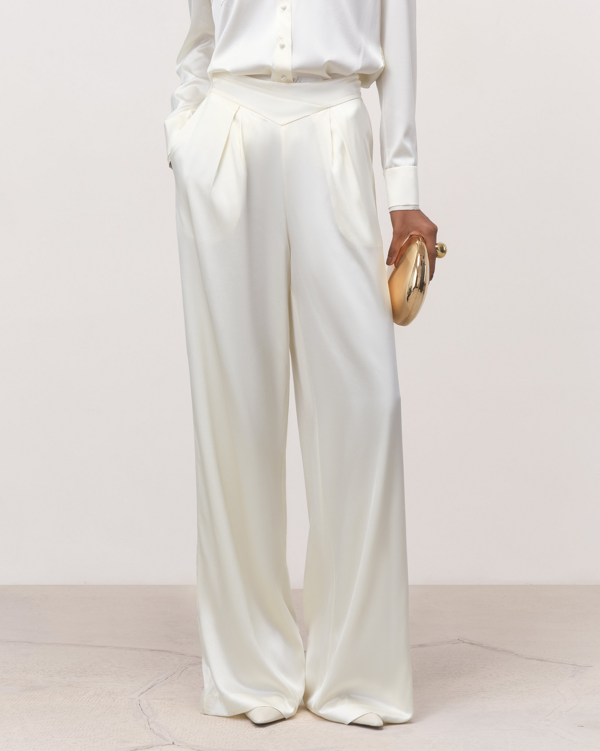 The Marlene Wide-Leg Silk Trousers in Ivory